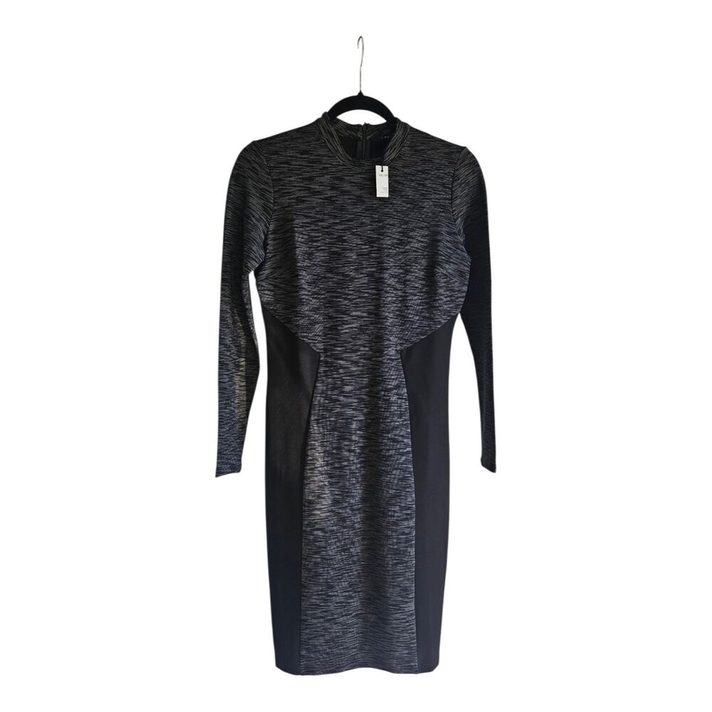 NWT T. Tahari Dress Size XS Midi Stretch L/S Black/Grey Back Zip
